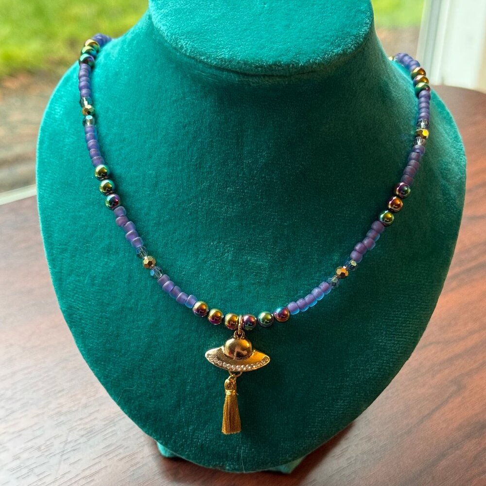UFO Purple and Gold Beaded Necklace with Hematite, Glass, and Crystal Handmade
